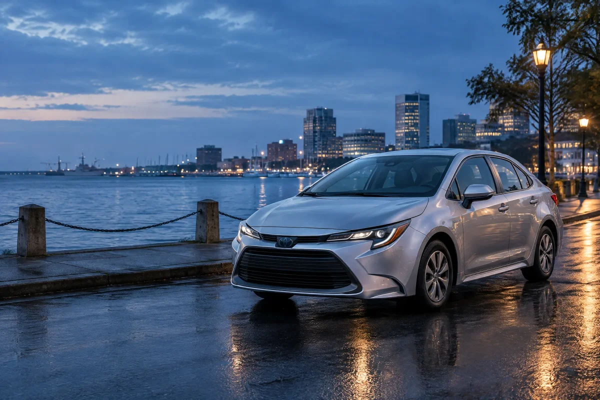 Representative silver sedan parked along a waterfront street at blue hour